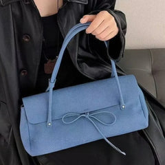 Cyflymder  Sweet Cute Bow Underarm Bag Women Blue Leather Large Capacity Shoulder Bags Ladies Fashion Casual Commute Versatile Handbag Chic