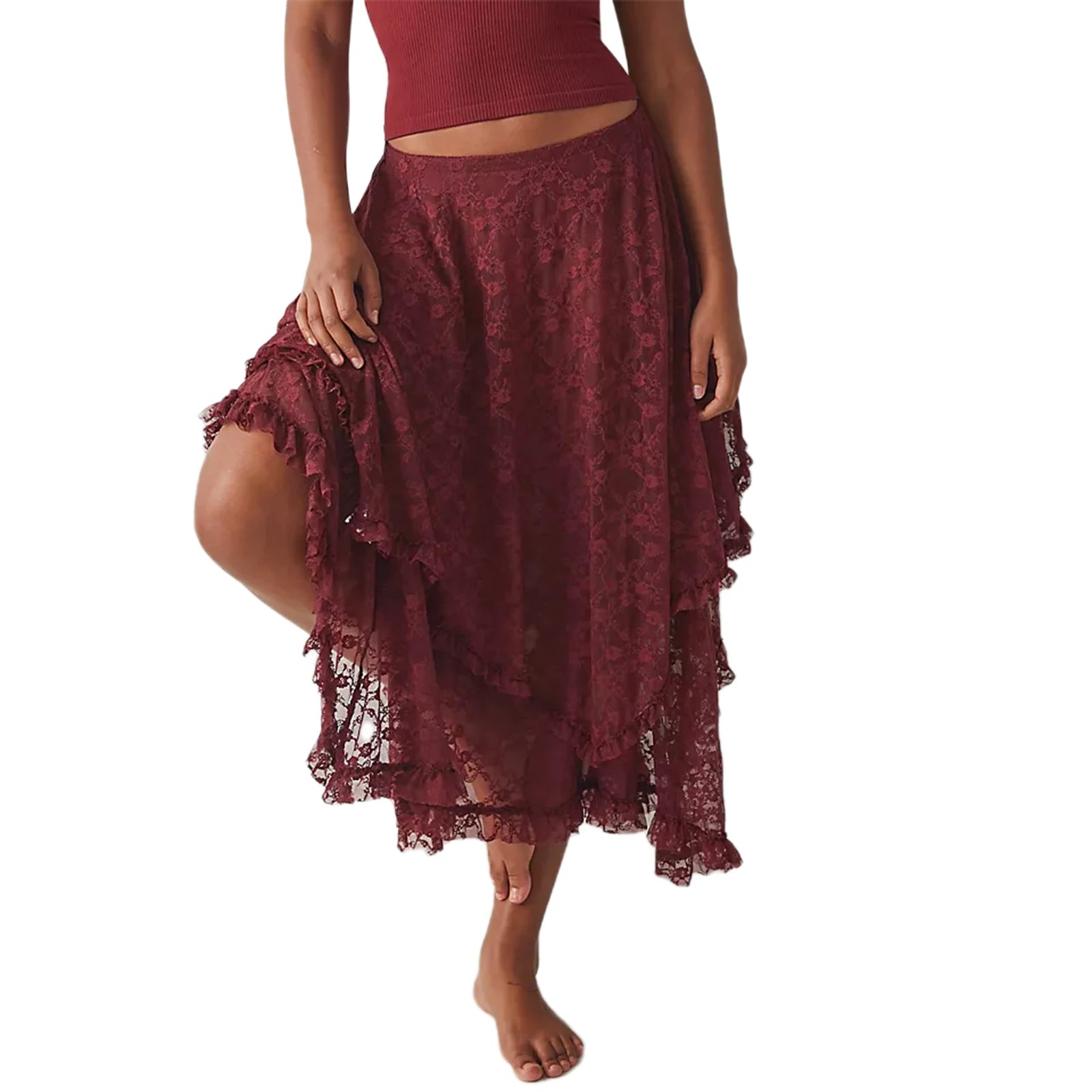 Cyflymder  Women's Solid Color Midi Skirts Lace Elastic High Waist Skirts Spring Summer Sweet Irregular Hem Casual Skirts