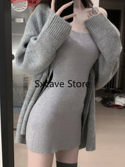 Cyflymder Gray 2 Piece Dress Set Women Casual Long Sleeve Cardigan + Bodycon Strap Sweater Dress Evening Party Knitted Suit