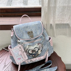 Cyflymder  Sweet Cute Chain Lock Backpack Women Heart Transparent Denim Ita Bag Ladies Harajuku Commuter Star Print Versatile Daypack Chic