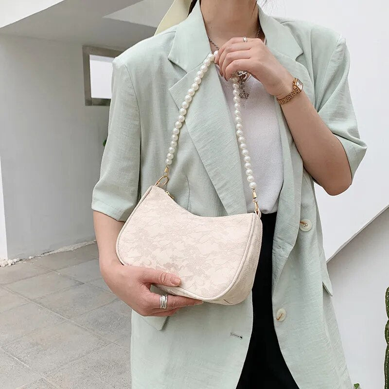 Cyflymder Vintage Women Shoulder Bag Jacquard Lace Flower Solid Color Pearl Chain Underarm Handbag Female Storage Travel Tote