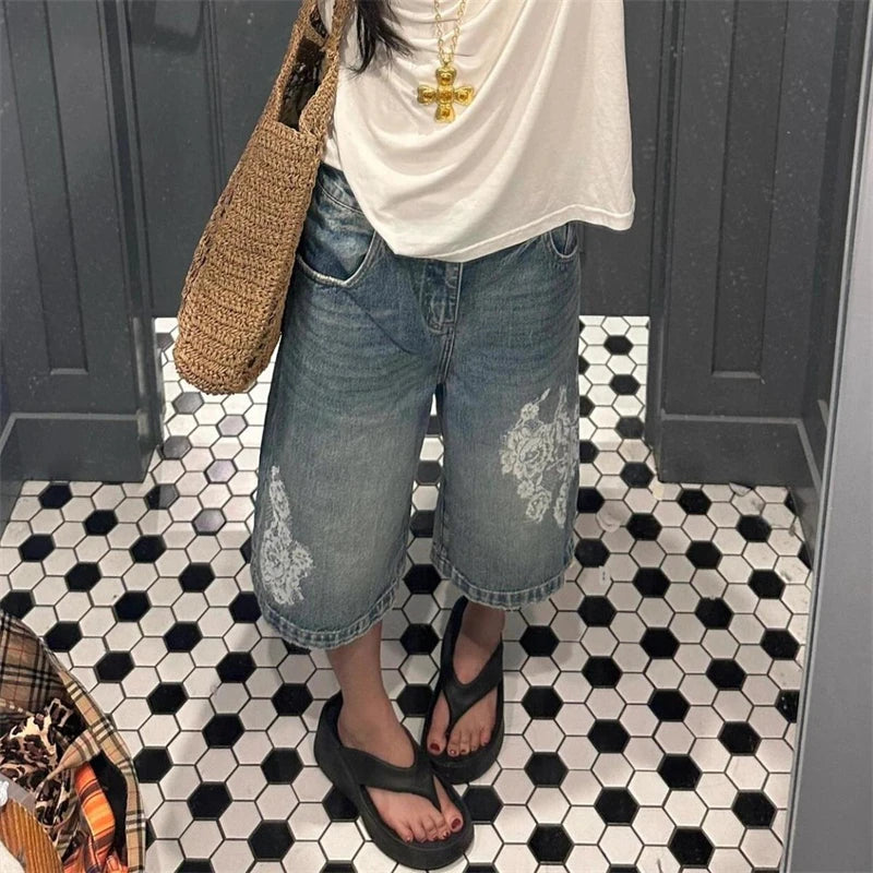 Cyflymder  Summer Women's Lace Printed Blue Denim Shorts Young Girl Casual High Waist Bottom Female Loose Capris Calf-length Pants
