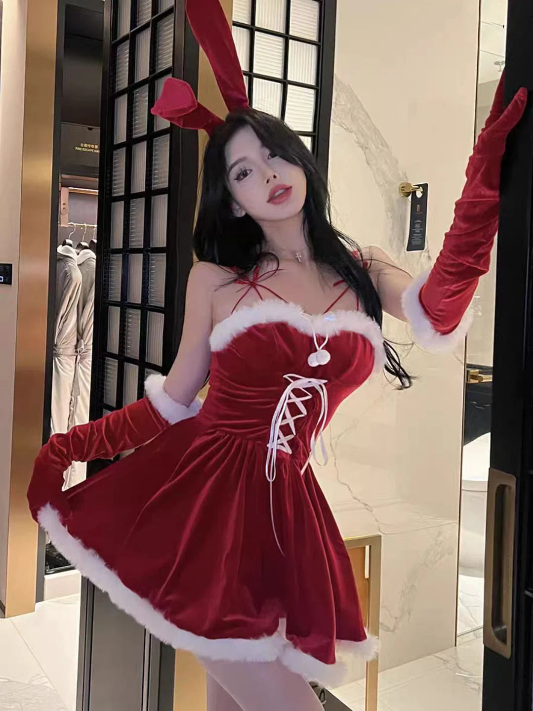 Cyflymder  Christmas Lingerie Sexy Bunny Dress Santa Claus Cosplay Costume Club Party Performance Photoshooting Seductive Temptation