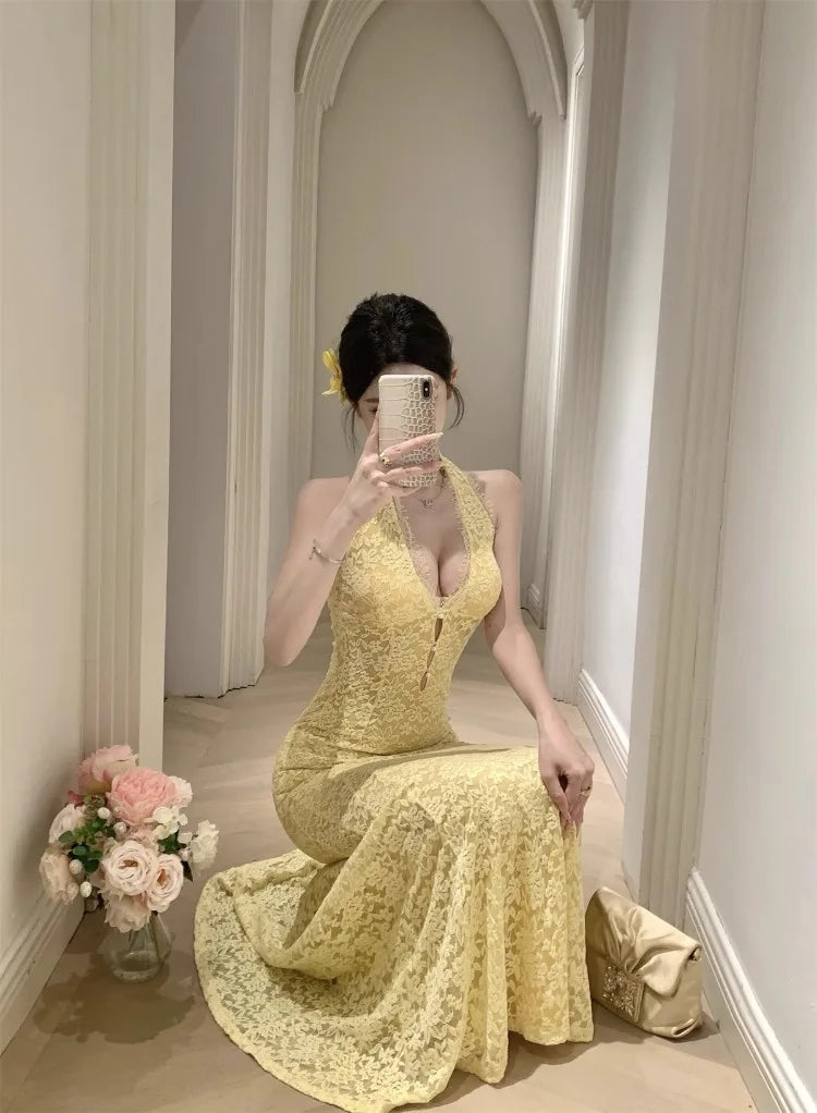 Cyflymder  Sexy Dresses Women Sleeveless Halter Backless Lace Patchwork Slim Stretch Hollow Out Backless Elegant Mermaid Dress Party