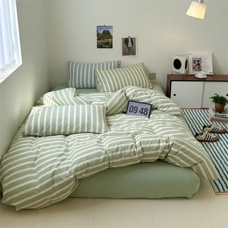 4Pcs Light Luxury Striped Washed Cotton Bedclothes Set Smooth Skin Friendly Soft Bed Sheet Set Home Textile Supplies for Adults