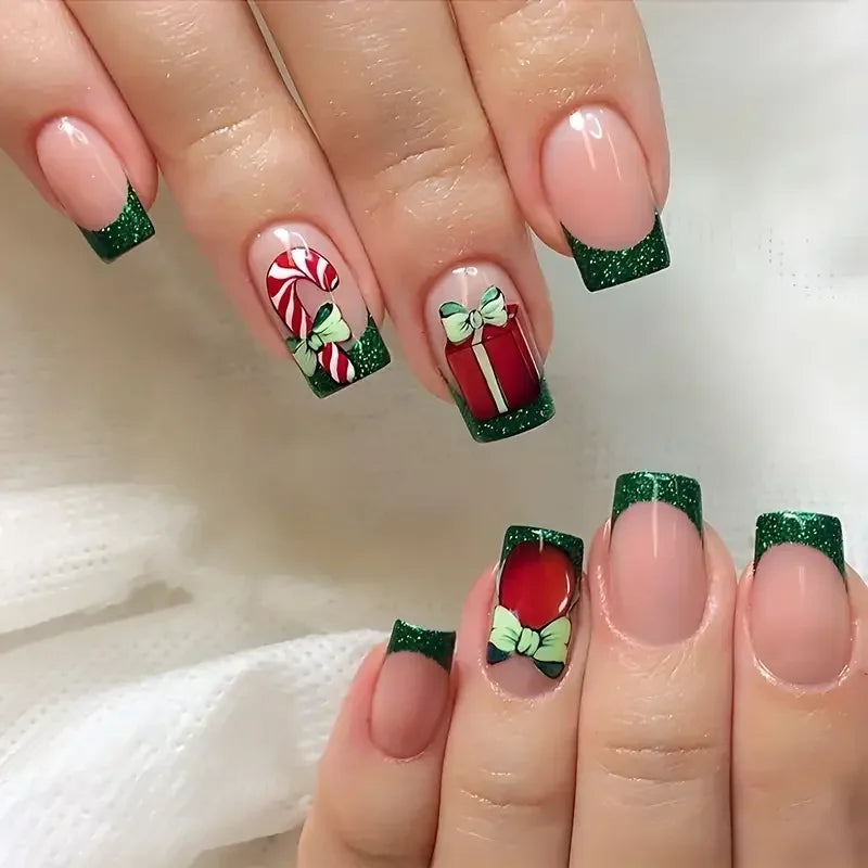 Cyflymder 24pcs Christmas Holiday Themed Medium Square Fake Nails Pink Red & Green Glossy Press-On Nails Set Reusable Fake Nails for Women