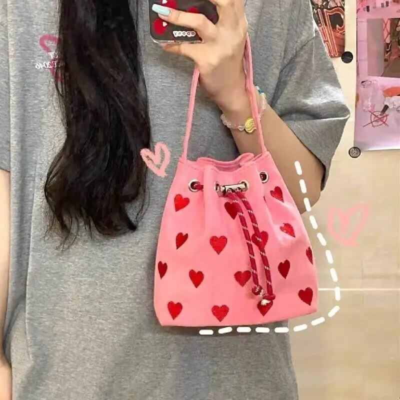 Cyflymder Pink Heart Embroidered Ladies Bucket Purse Handbags Fashion Love Women Messenger Bag Drawstring Female Girls Small Shoulder Bags