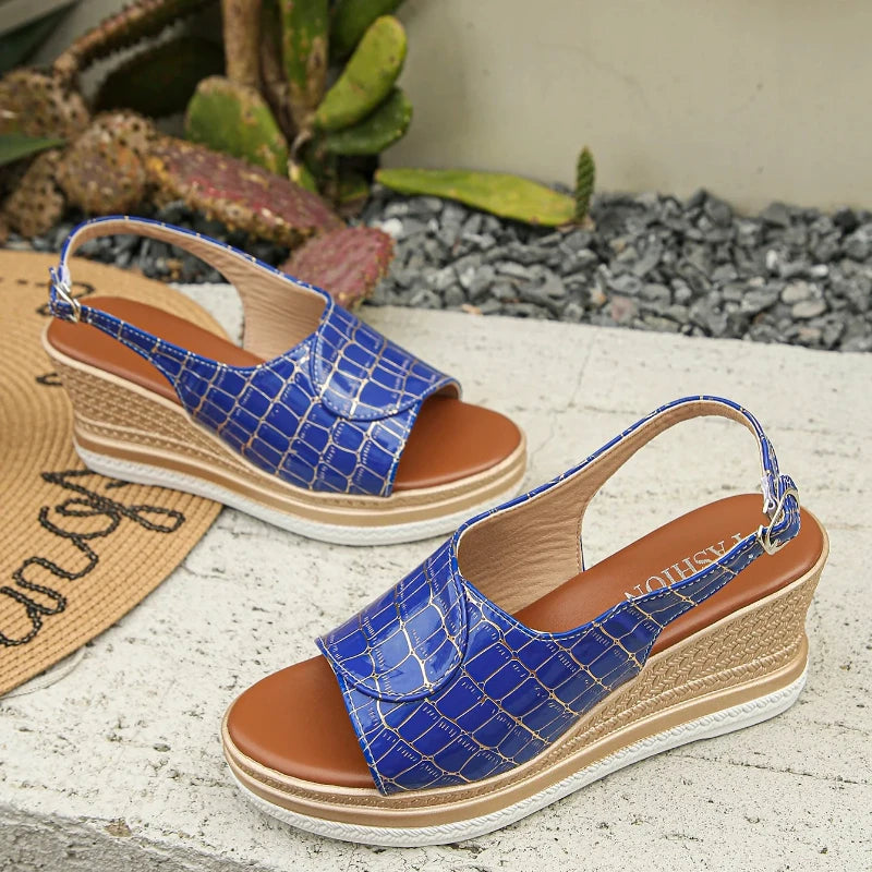 Cyflymder  Summer New Buckle Slope Heel Women's Sandals Summer Checkered Pattern Thick Bottom Non slip Beach Shoes