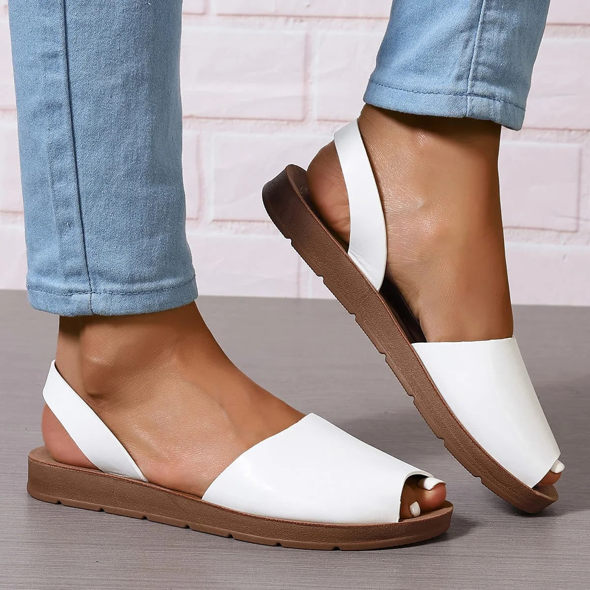 Cyflymder  Women's Peep Toes Back Strap Sandals Woman 2.5 cm Flat Shoes Summer Ladies Barefoot Slip on Sandal White Black 42 43