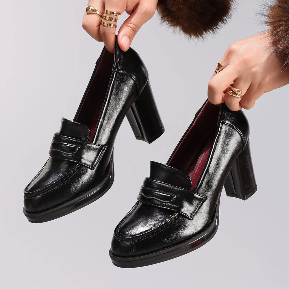 Cyflymder  Big Size 42 Summer Classic Black Slip On Pumps Women Shoes Retro 8cm Height Square Heels Office Lady Loafers Dress Shoes