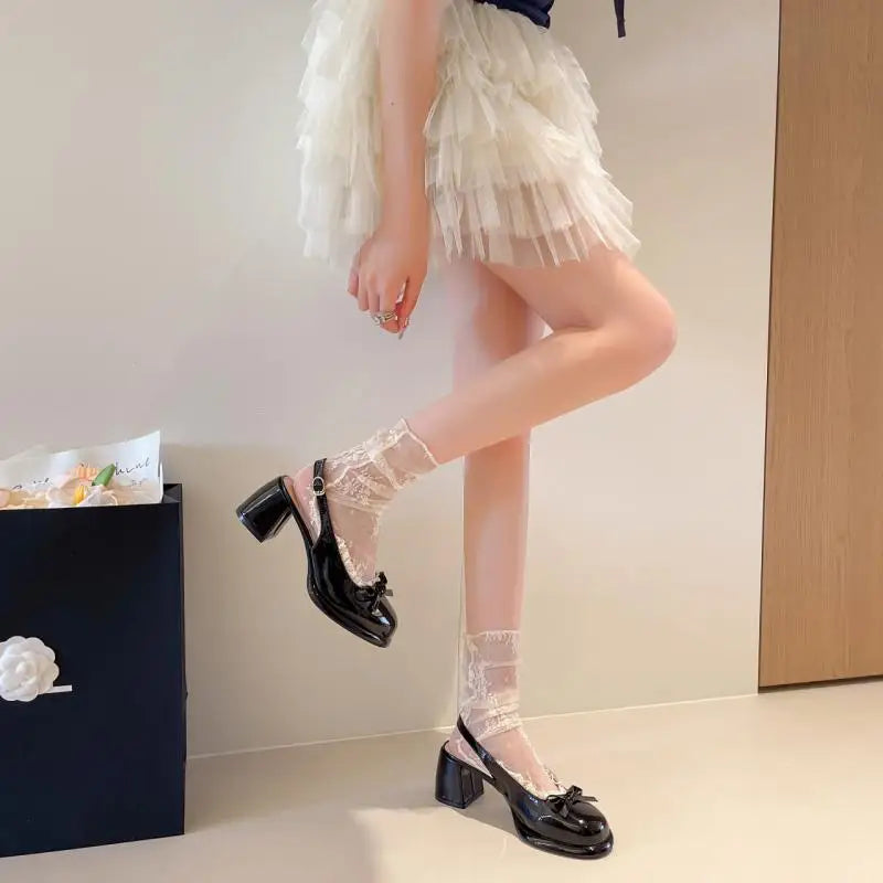 Cyflymder  Sweet Bowknot Patent Leather Mary Jane Shoes Women Summer Pointed Toe High Heel Sling Back Pumps Fashion Party Dress Shoes