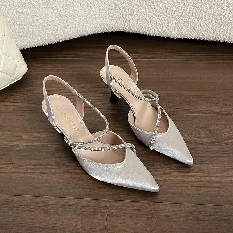 Cyflymder  Sandals Stiletto Heels Female Shoe 2025 Women's Mid-Calf Strap Riband Girls Comfort Beige New Pointed Spring Rhinestone High Clo