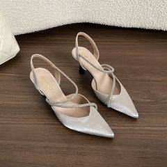 Cyflymder  Sandals Stiletto Heels Female Shoe 2025 Women's Mid-Calf Strap Riband Girls Comfort Beige New Pointed Spring Rhinestone High Clo
