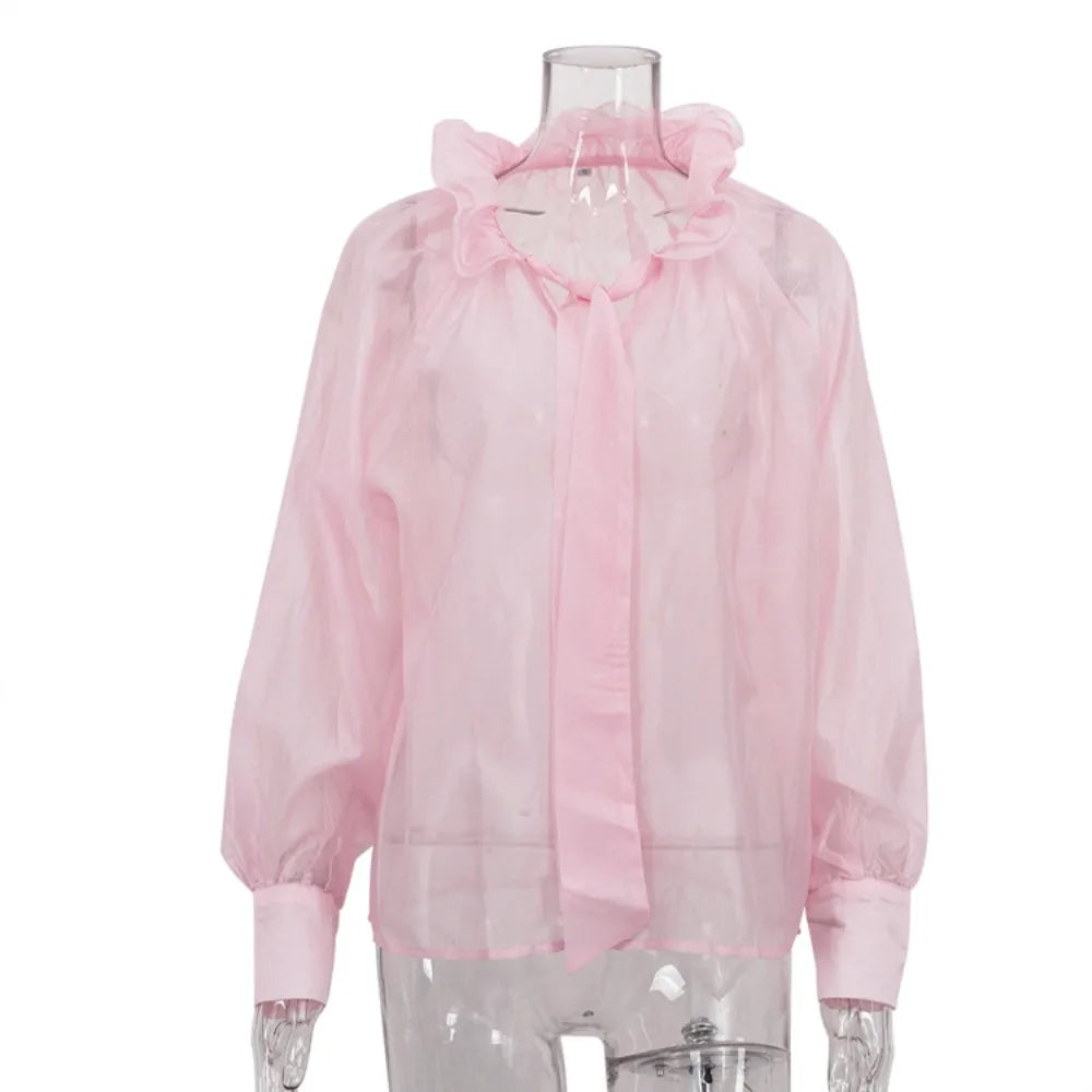 Cyflymder  Fashionable Office Women's Shirt Scarf Collar Long Sleeves Patchwork Perspective Temperament Loose Blouse Female