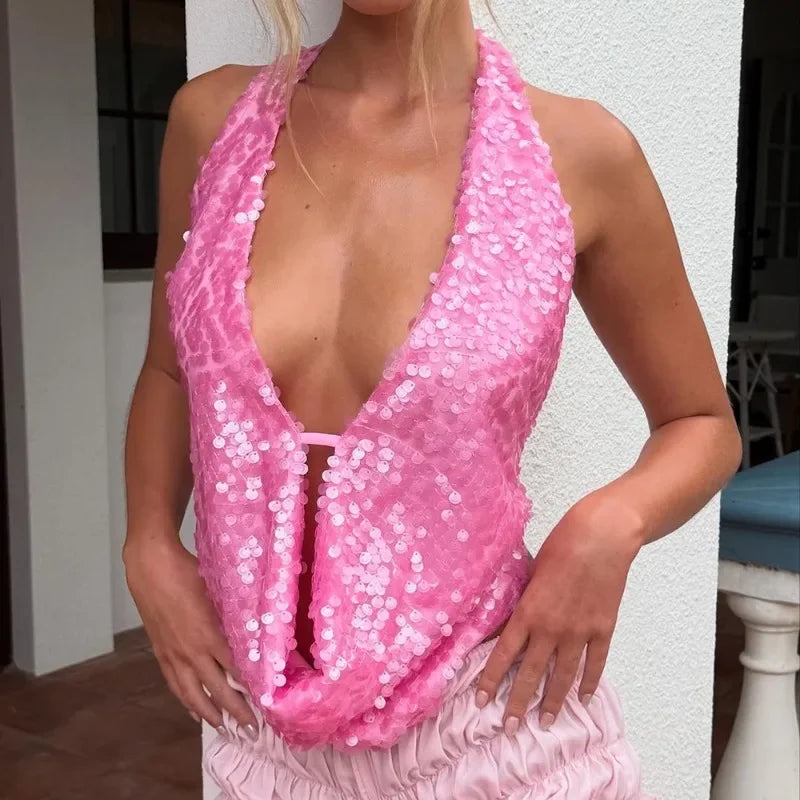 Cyflymder  Sexy Deep V Neck Beach Tank Top Hot Girls Summer Sequins Splicing Sleeveless Top Women Holiday Sexy Backless Camisole