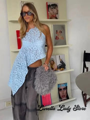 Cyflymder   Lace Cutout One Shoulder Tops Asymmetrical Collar Backless Tie Back Irregular Hem Sexy Vest Lady Summer New Vacation Casual Wear