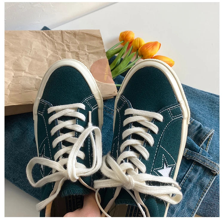 Cyflymder  Retro Star Canvas oes Women's Versatile Little Dir oes INS Skateboard oes Hong Kong Sle Ulzzang Trendy Student Whit...
