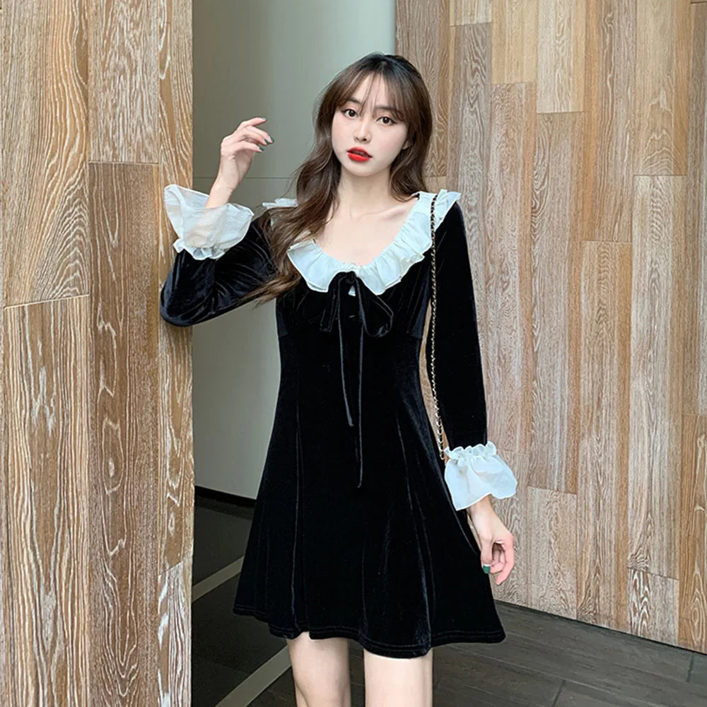 Cyflymder Christmas Red Dress Woman Autumn French Ruffle Velvet Splice Dress Ladies Flared Sleeve Bow Slim Party Mini Dress