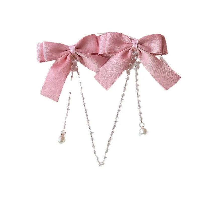 Cyflymder Sweet Princess Style Pink Pearls Chain Bow Hair Clip Women Children's Cute Back Head Hairpins Hair Clips Girls Hair Accessories