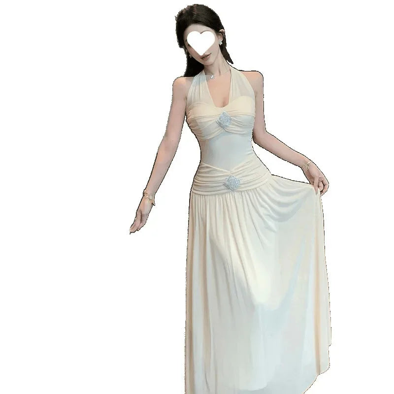 Cyflymder  French Style V-Neck Hanging Neck Slimming Long Dress Sexy Pure Desire Beach Vacation Dress Elegant Waist-Cut Gown