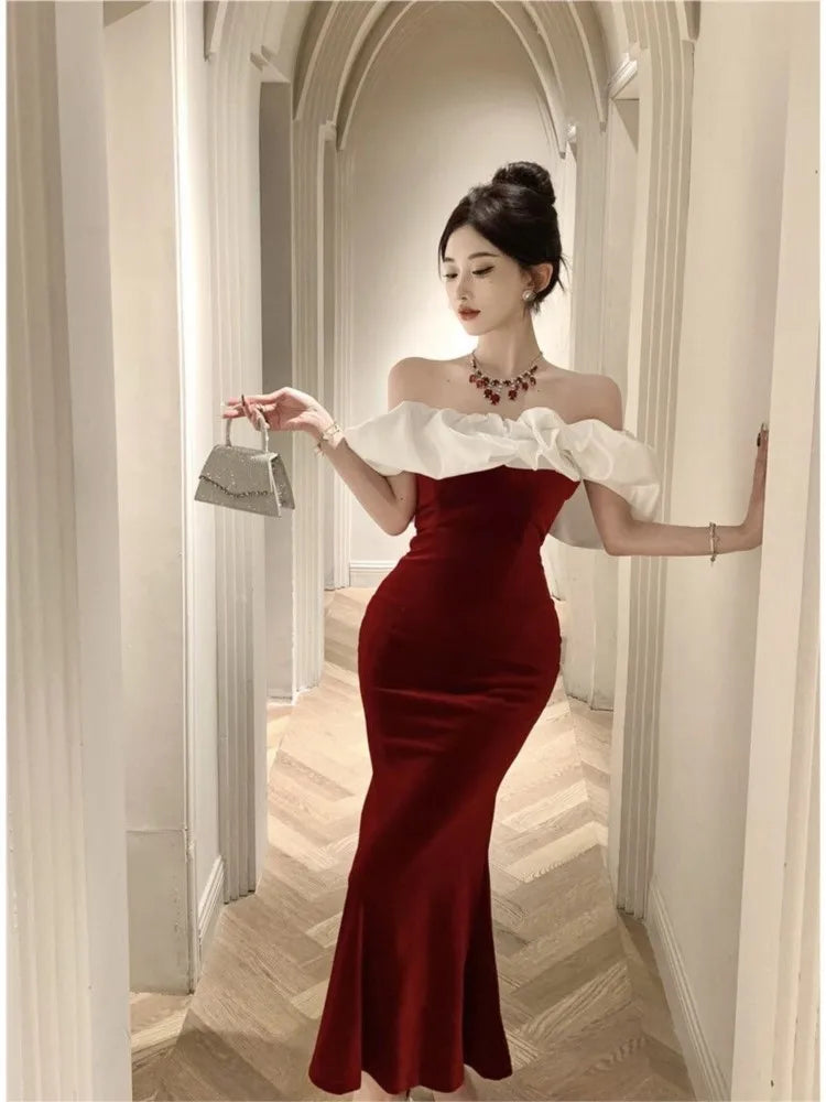 Cyflymder  Mermaid Dresses Women Sexy Slash Neck Off Shoulder Ruffles Patchwork Elegant Slim Evening Party Dress Female Backless Vintage