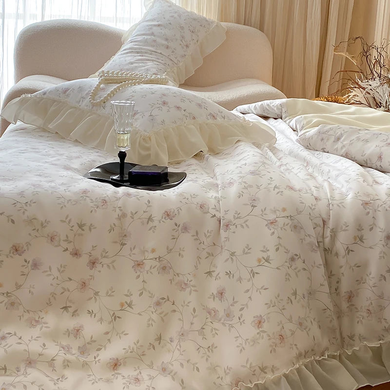 Cyflymder  Flower Prints Lace Ruffles Princess Bedding Set Lyocell Bamboo Fiber Soft Silky Cool Feeling Duvet Cover Bed Sheet Pillowcases
