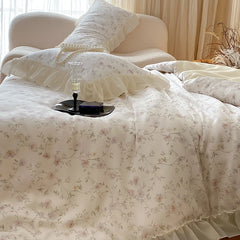 Cyflymder  Flower Prints Lace Ruffles Princess Bedding Set Lyocell Bamboo Fiber Soft Silky Cool Feeling Duvet Cover Bed Sheet Pillowcases
