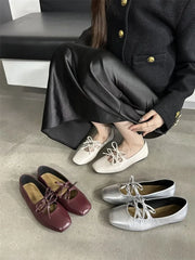 Cyflymder  Korean Style Flat Bottom Butterfly Knot Single Shoes Women's Silver Mary Janes Low Heel Square Toe Synthetic Inner Slip-On Shoes