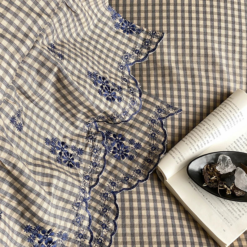 Cyflymder  Flowers Embroidery Ruffles Plaid Bedding Set Double Layer Crepe Yarn Pure Cotton Duvet Cover Flat/Fitted Bed Sheet Pillowcases