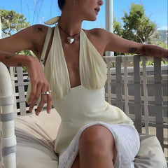 Cyflymder  Women Silky Halter Neck Crop Top Sleeveless Crisscross Wrap Tank Top Y2k Summer Slim Fit Backless Cami Top