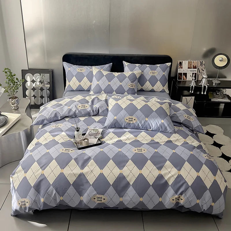 Cyflymder  100% Cotton Geometric Pattern Printed Bed Sets Soft Grid Duvet Cover Bedsheet Pillowcases for Home Single Queen Size Bedding Set