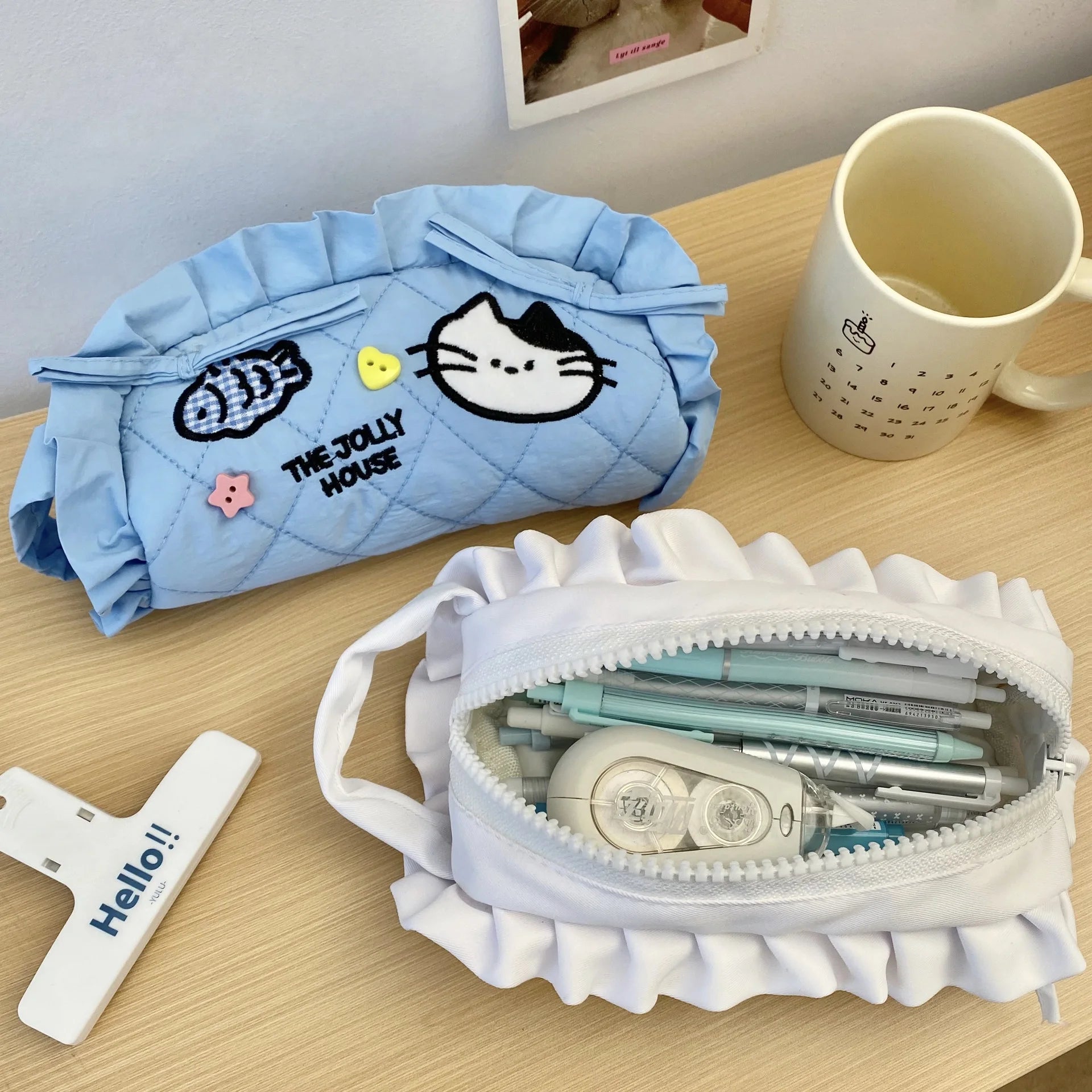 Cyflymder  Korean Fashion Ruffle Pencil Case for Kids Girl Sweet Cartoon Bunny Kitten Stationery Organizer Kawaii Pen Pouch Back To School
