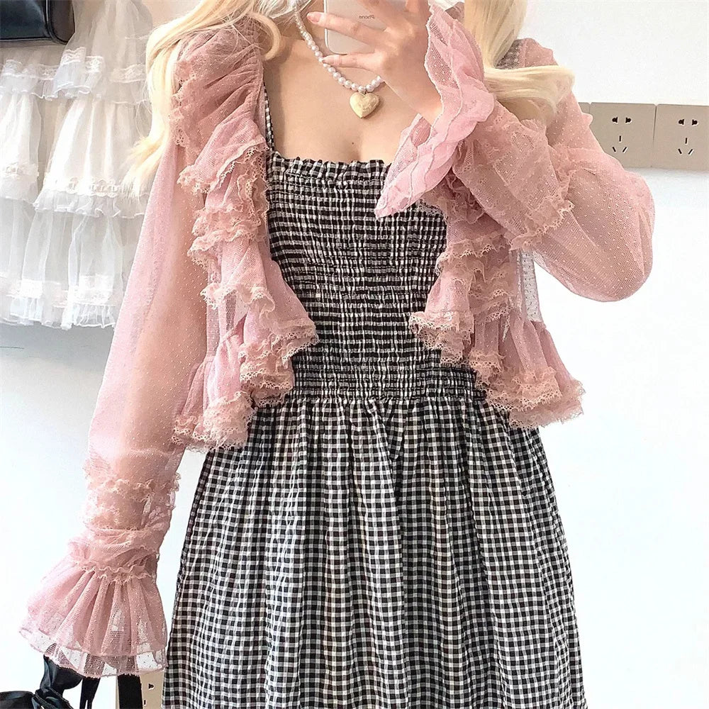 Cyflymder  See Through Long Sleeve Japanese Shrugs Autumn Mesh Ruffle Sweet Cropped Jacket Thin Air Conditioning Shirt Short Sun Protection