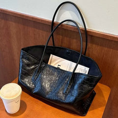 Cyflymder  Retro Black Tote Bag Women Faux Crocodile Embossed Leather Large Capacity Shoulder Bag Ladies Fashion Commute Versatile Handbag