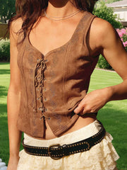 Cyflymder  Elegant Floral Embroidered Sleeveless Blouse with Tie Bow Front and V Neckline Perfect for Summer Outfits