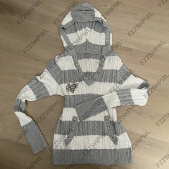 Cyflymder  Rivet design Vintage vibe Y2k Knitted sweater Stripe Harajuku Graphic Print Hotsweet Punk Pullover Streetwear Goth Knitt Clothes