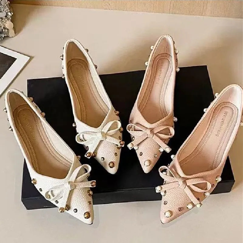Cyflymder  Comfort Soft Leather PU Pointed Toe Flat Shoes Women Pearl Rivet Bowknot Design Elegant Dress Pumps Concise Lightweight Loafers