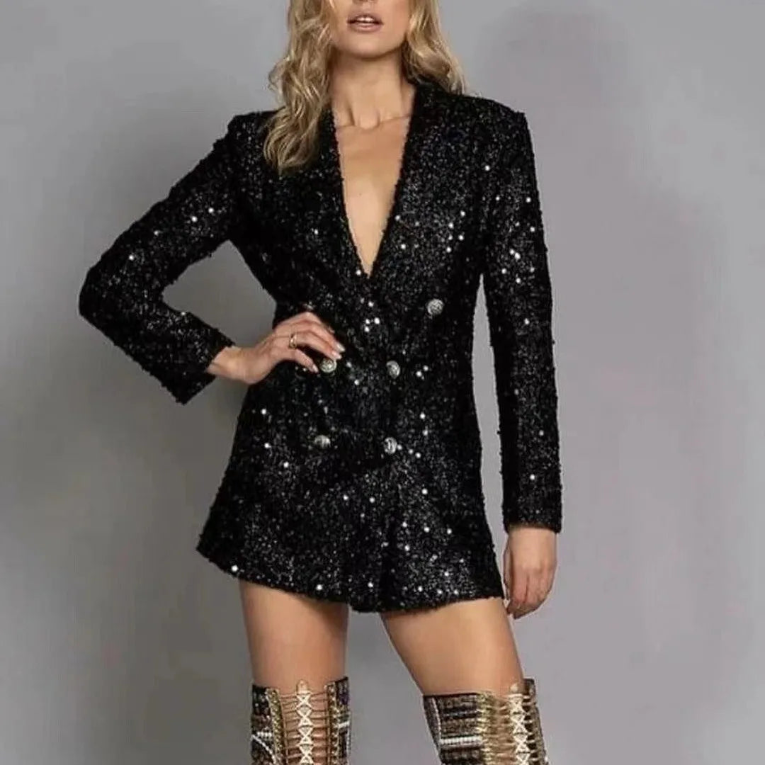 Cyflymder  New European-style Fashionable Lady's V-neck Formal Jacket with Double Button Fastening Black Sequin Trim Fitted Long Coat