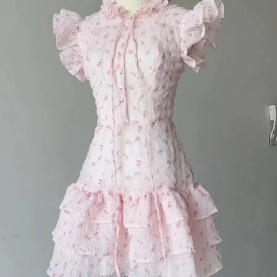 Cyflymder  Sexy Sweet Mini Dresses Women Floral Printed Ruffles Flying Sleeve Bandage Princess Elegant Dress Summer Female Party