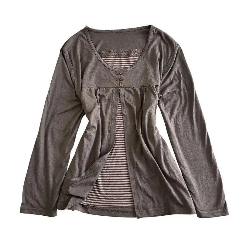 Cyflymder  New Autumn Spliced Vintage Harajuku Fake Two Piece Y2k Harajuku Lace Striped Buttons Design Women Shirt Long Sleeve Commuter Top