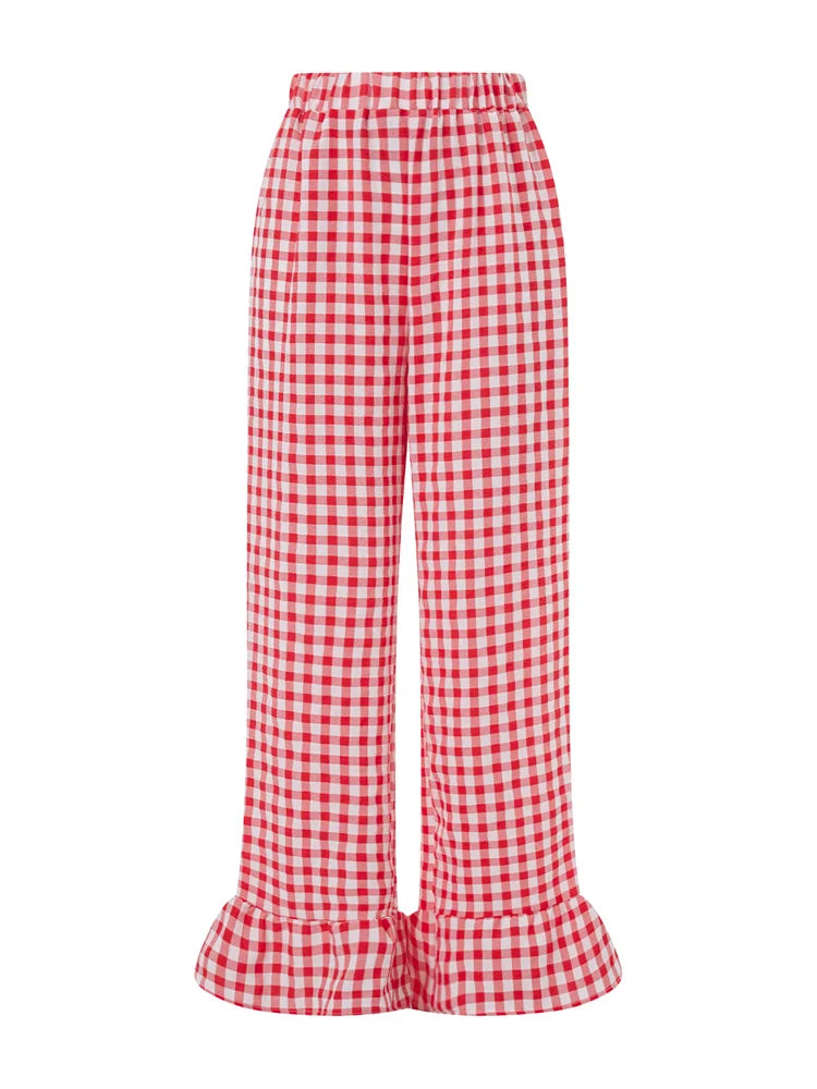 Cyflymder  Fashion Womens Plaid Print Pants Ruffles Legs Gingham Wide Leg Loose Casual Pull On Trousers Y2K Retro Chic Going Out Pants