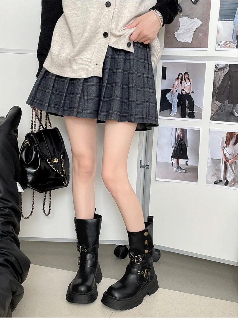 Cyflymder  Vintage Height Increase  Women Knight Boots Square Heels Goth Mid Calf Booties Buckle Strap Casual Shoes