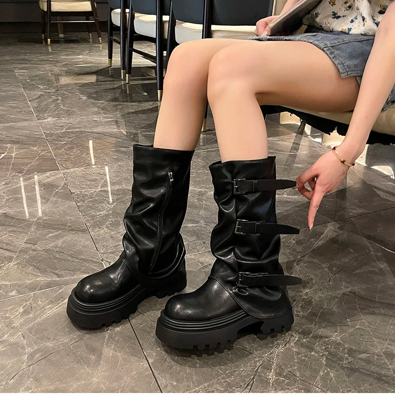 Cyflymder  Designer Thick Heel Women Western Cowboy Boots Fashion Ladies Belt Buckle Knight Booties botas de inverno feminina