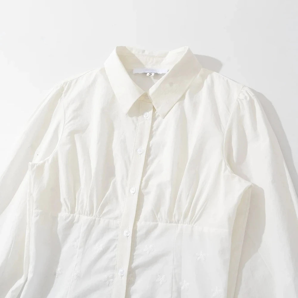 Cyflymder  Solid Embroidery Slimming Shirts for Women Lapel Long Sleeves Patchwork Single Breasted French Street Shirt Female