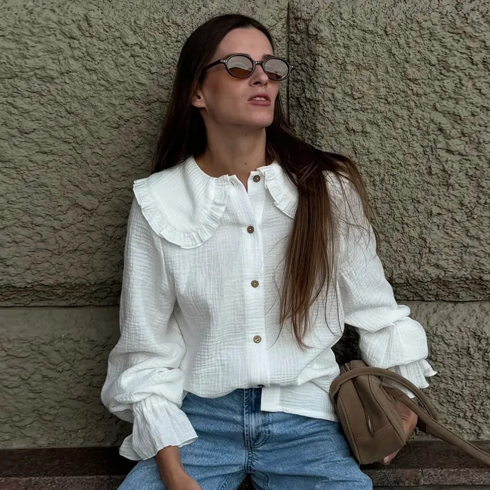 Cyflymder  Cotton Spliced Ruffled White Shirts for Women Peter Pan Collar Lantern Sleeve Patchwork Buttons Shirt Autumn Style