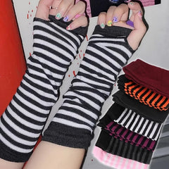 Cyflymder  Women y2k Winter Warm Long Sleeves Fingerless Gloves Stripe Hip-hop Knitted Elbow Mittens Elastic Outdoors Warmer Lolita Cosplay