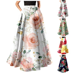 Cyflymder  Bohemian Women Long Skirts Elegant Loose Sundress Summer Fall Elastic High Waist Floral Midi Skirts Casual Party A-Line Skirt