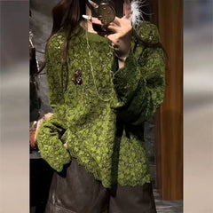 Cyflymder  Elegant Green Floral Crochet Shirt Women Spring Autumn Vintage Lace Blouse Office Lady O-Neck Long Sleeved Loose Boho Top 855A
