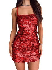 Cyflymder  Sling Sequin Hip Package Mini Dress Women Sexy Square Collar Sleeveless Backless Waist Cinching Slim Partywear Chic Ladies Robe
