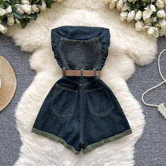 Cyflymder  Summer sleeveless strapless jumpsuit women solid color street trendy paired with waistband cinched waist casual denim shorts